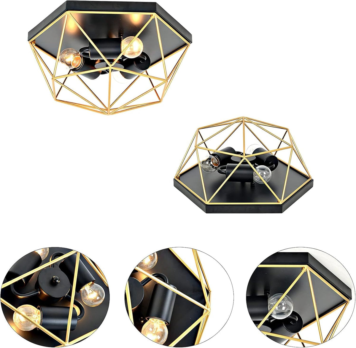 3-Light Industrial Ceiling Light Black Gold Metal Cage Fixture K140