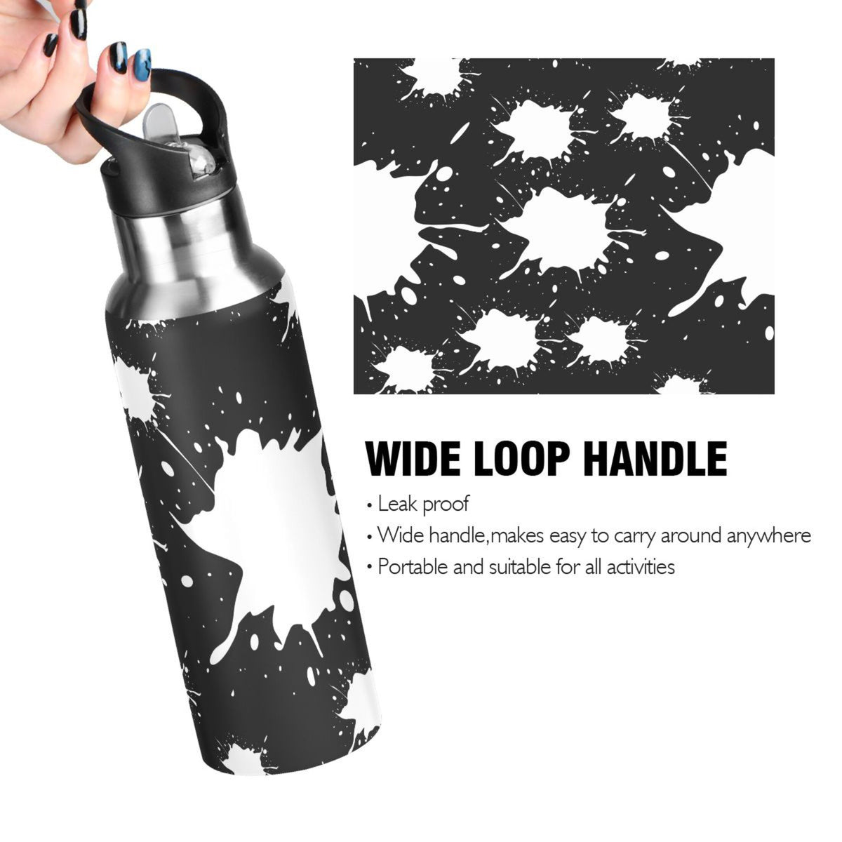 Black White 20 OZ Stainless Steel Vacuum Insulated Water Bottle with Straw Lid P93430
