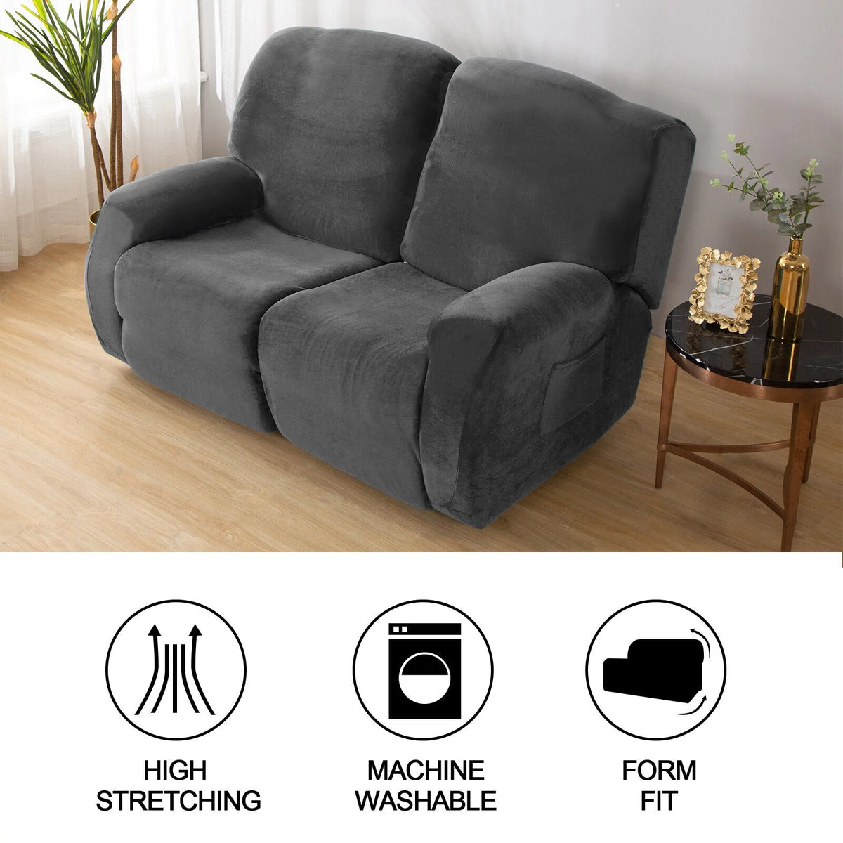 Dark Grey 6 Pieces 2-Seater Non-slip Recliner Loveseat Cover with Pocket Z350138