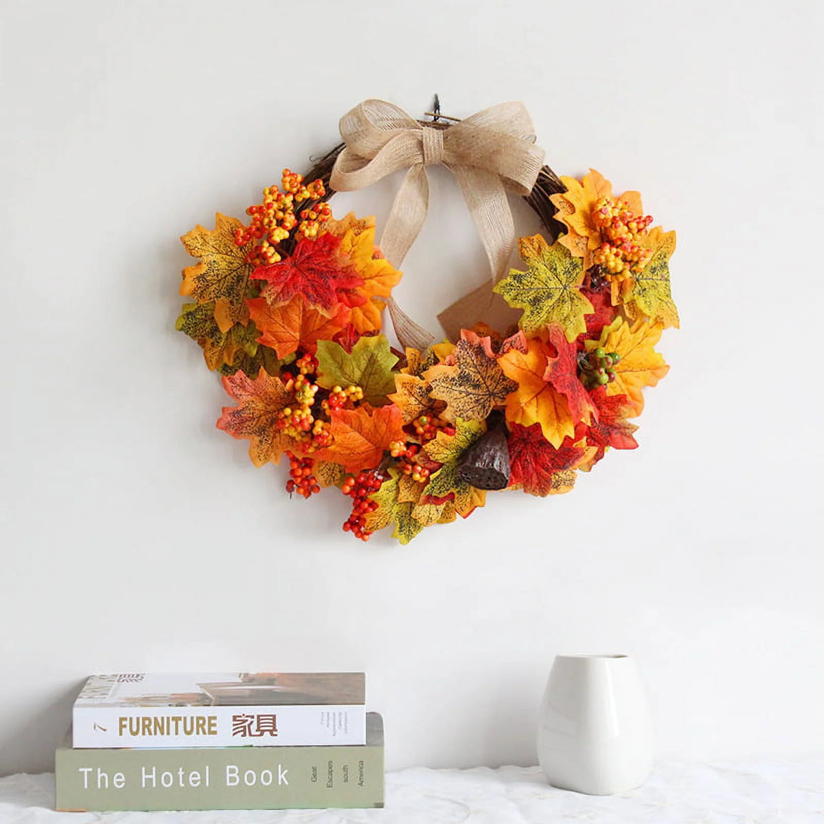 Autumn Harvest Artificial Maple Leaf Wreath with Bow W819459