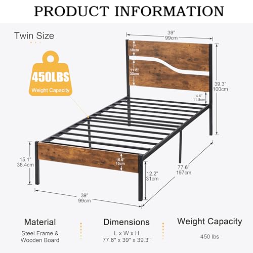 Twin Bed Frame with Wood Storage Headboard & Footboard, Metal Platform, Rustic Brown X109