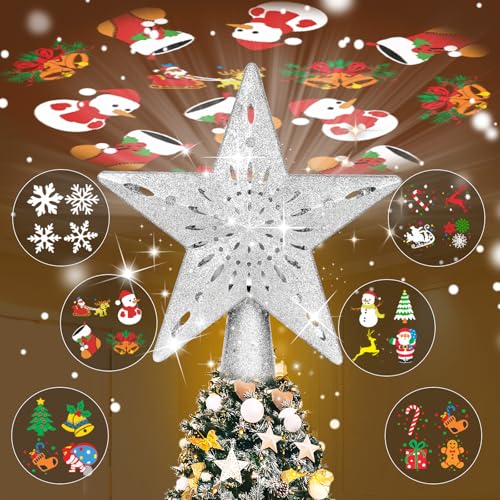 Silver 3D Glitter Lighted Christmas Tree Topper with Rotating LED Lights Y581037