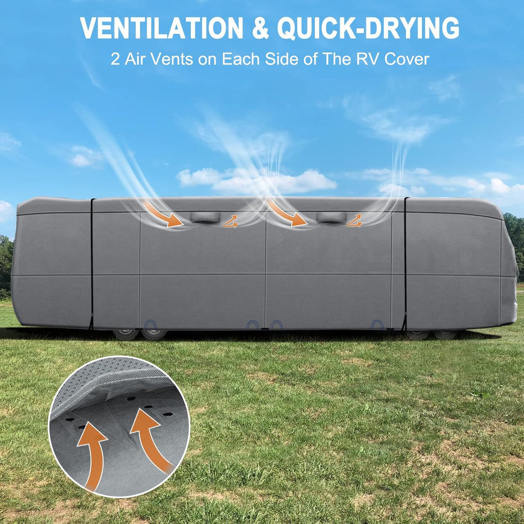 RV Cover Heavy Duty Anti-UV Rip-Stop Breathable with 2Pcs Straps & Gutter Covers I56472