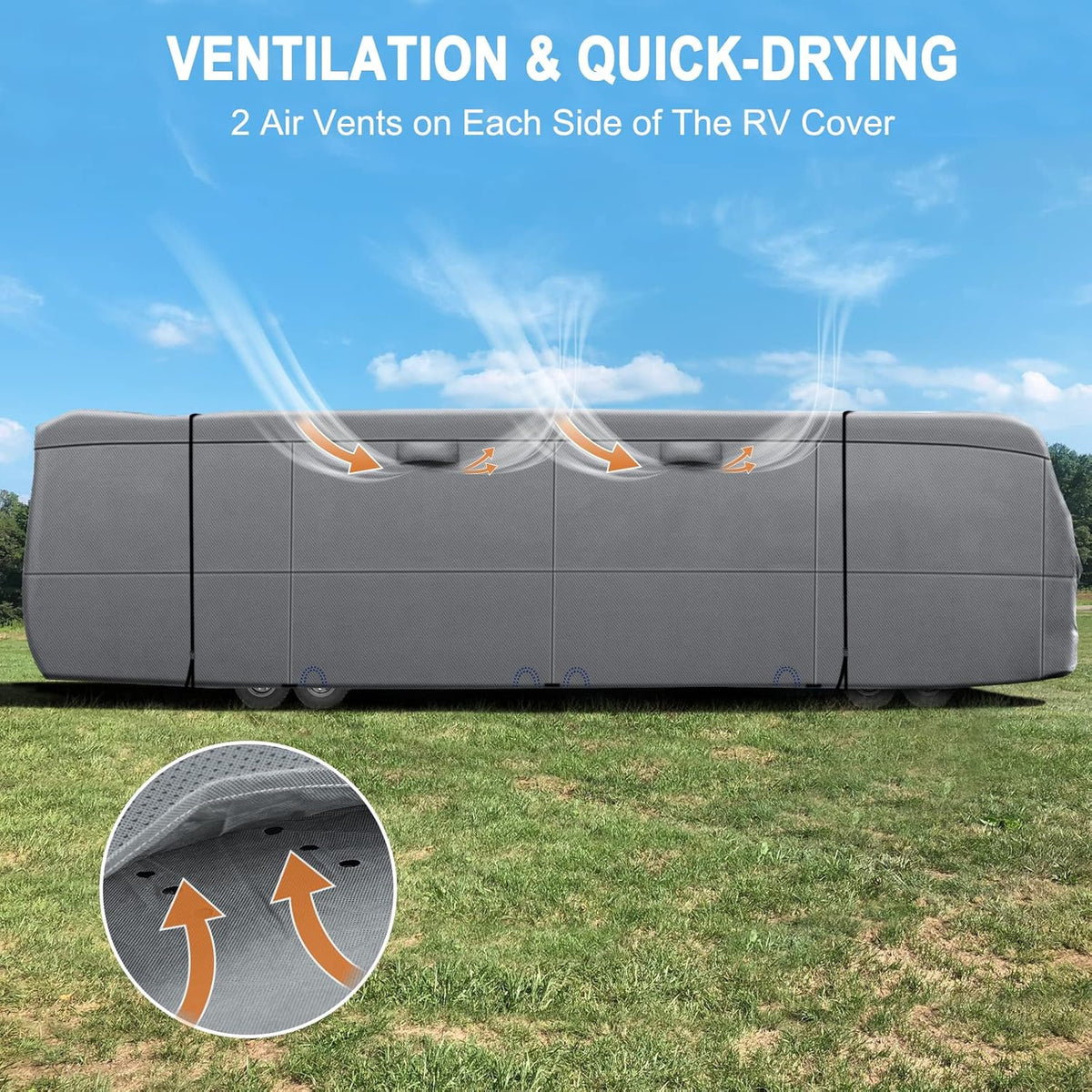 RV Cover Heavy Duty Anti-UV Rip-Stop Breathable with 2Pcs Straps & Gutter Covers I56472