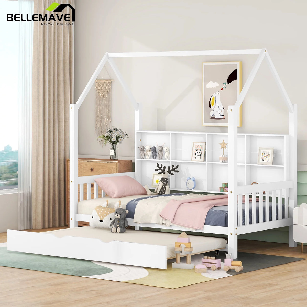 Twin Size Solid Wood House Bed with Trundle and Storage Shelves U865808