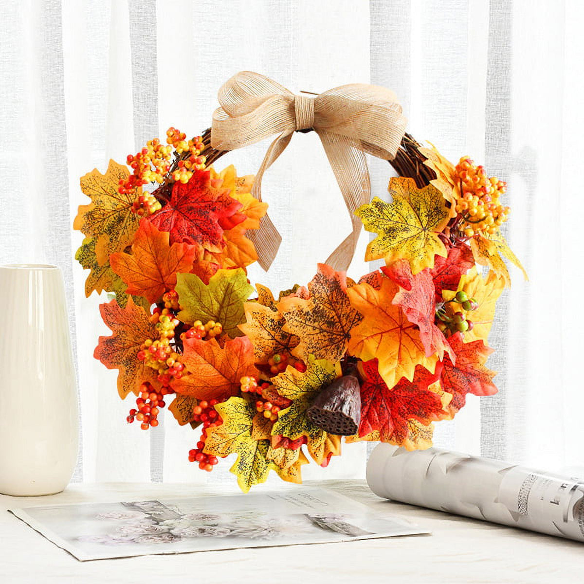 Autumn Harvest Artificial Maple Leaf Wreath with Bow W819459
