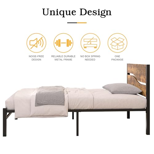 Twin Bed Frame with Wood Storage Headboard & Footboard, Metal Platform, Rustic Brown X109