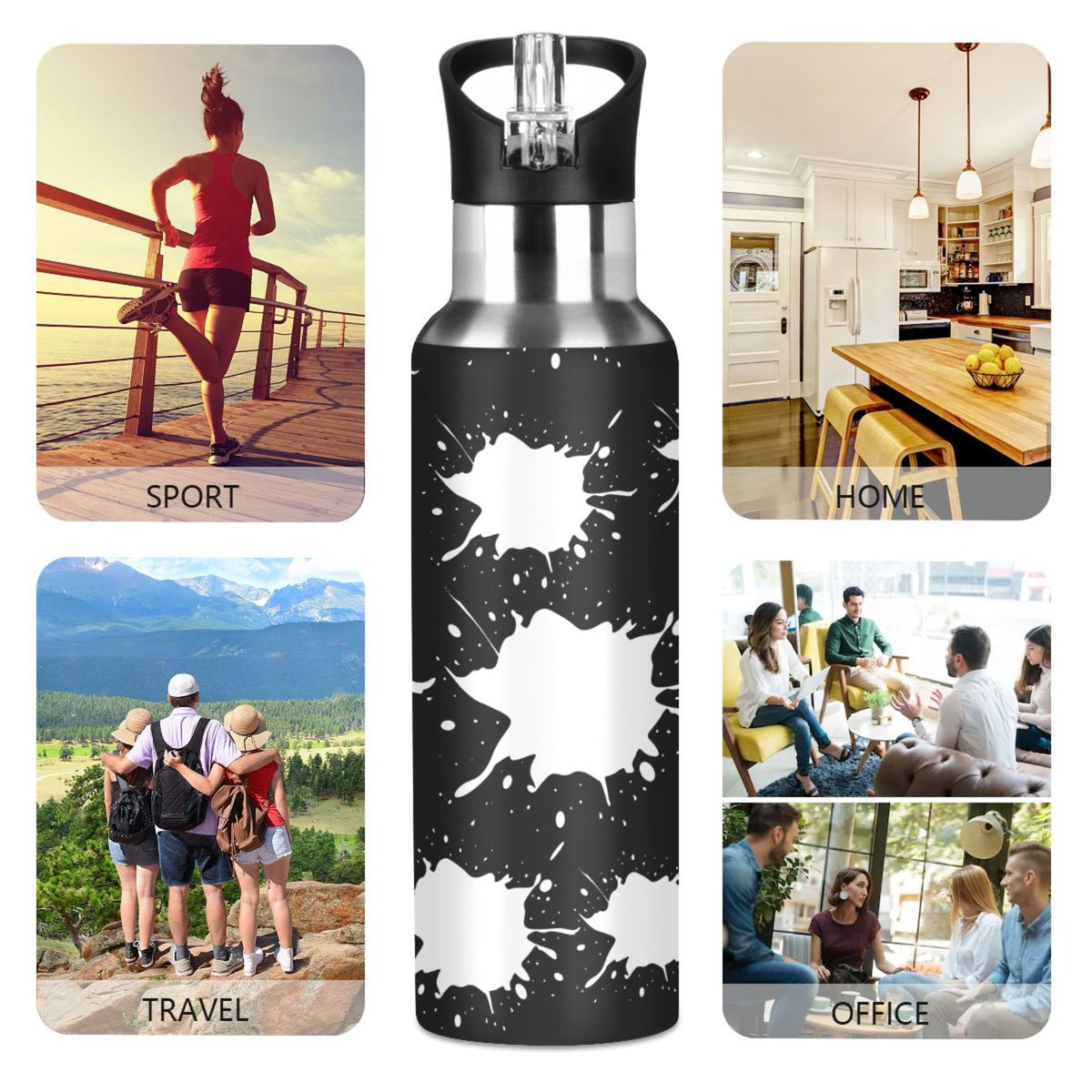Black White 20 OZ Stainless Steel Vacuum Insulated Water Bottle with Straw Lid P93430