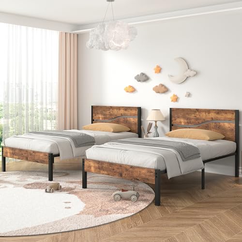 Twin Bed Frame with Wood Storage Headboard & Footboard, Metal Platform, Rustic Brown X109