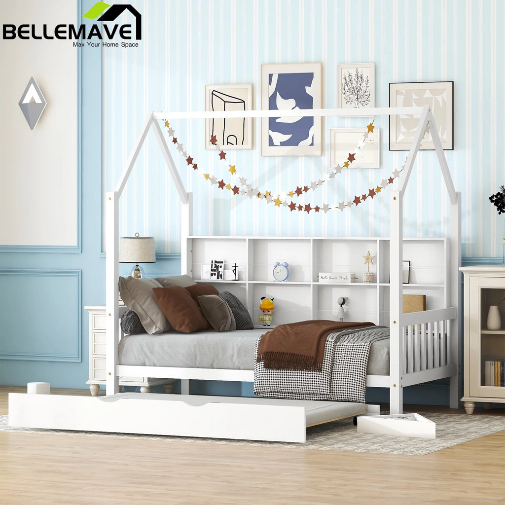 Twin Size Solid Wood House Bed with Trundle and Storage Shelves U865808