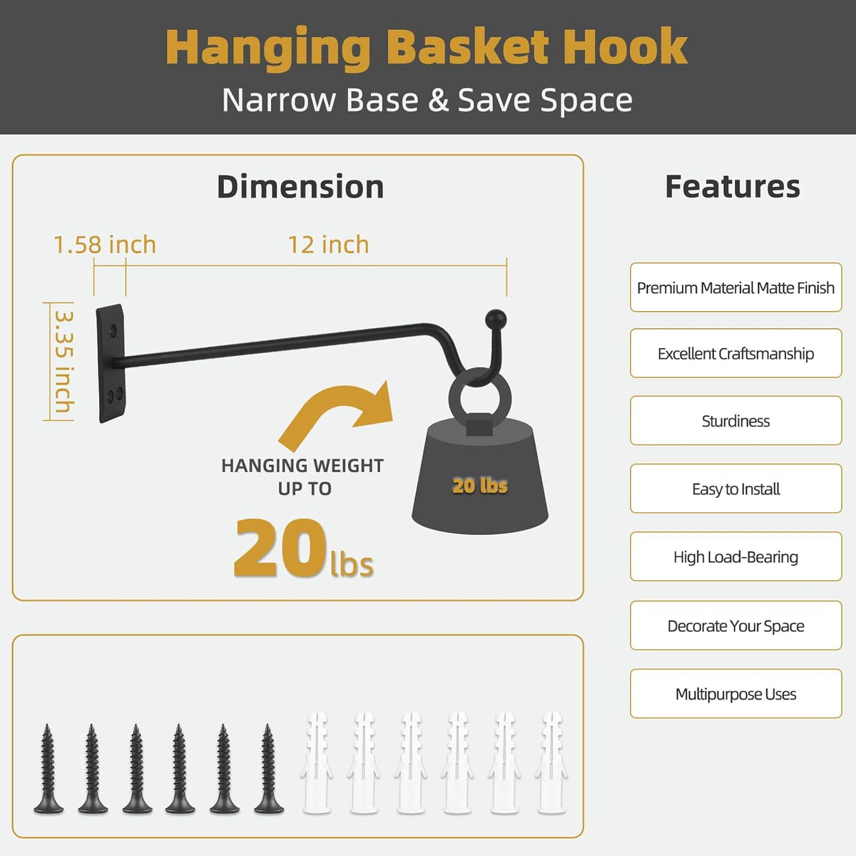 Heavy Duty Metal Plant Hangers, 2 Pack-12 inches, Matte Black G76868