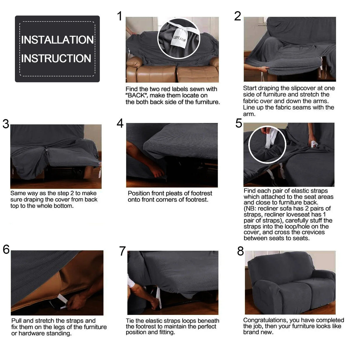 Dark Grey 6 Pieces 2-Seater Non-slip Recliner Loveseat Cover with Pocket Z350138