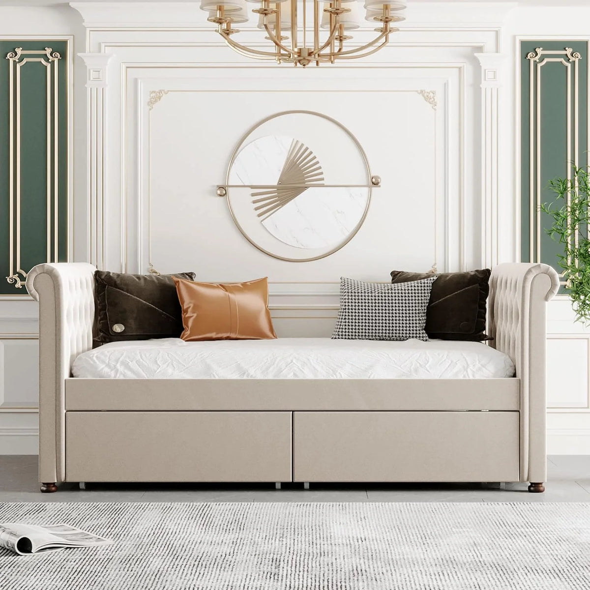 Beige Upholstered Daybed with Storage and 2 Drawers L2957