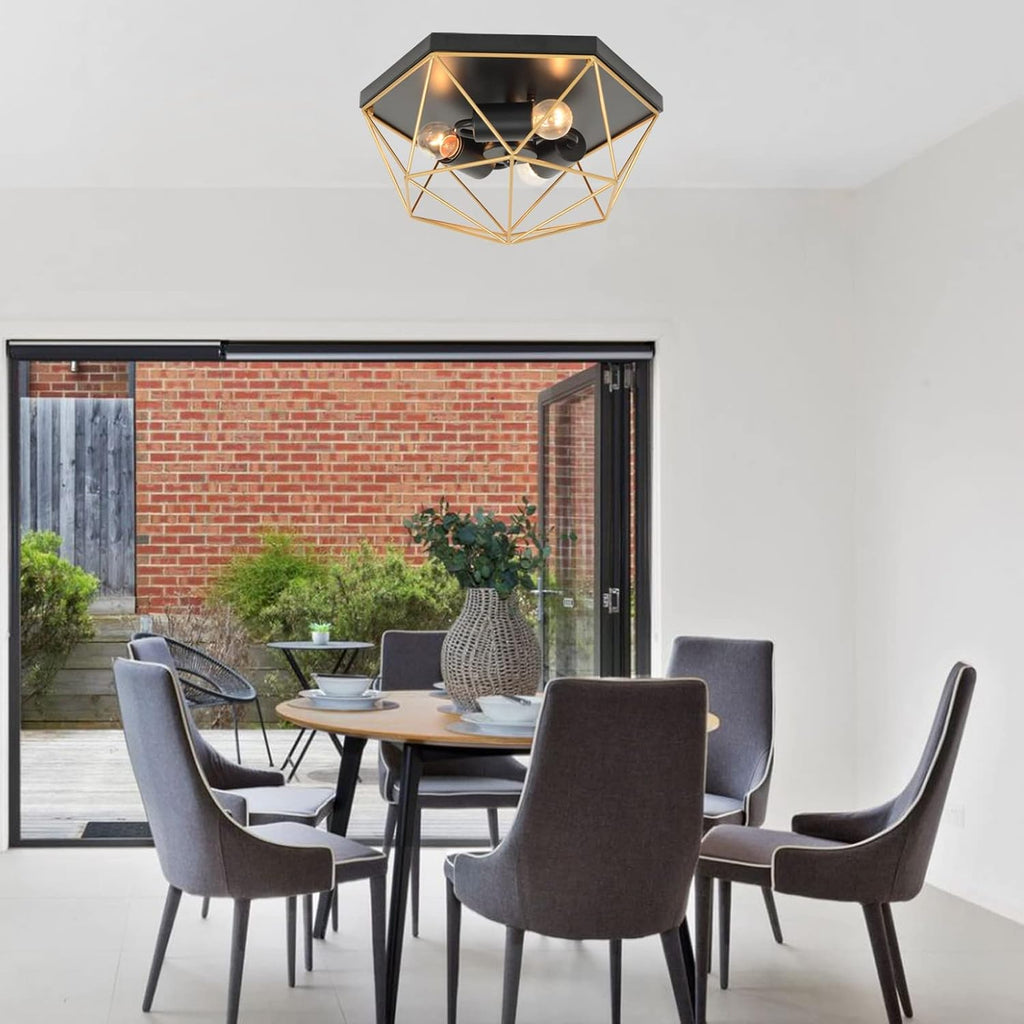 3-Light Industrial Ceiling Light Black Gold Metal Cage Fixture K140