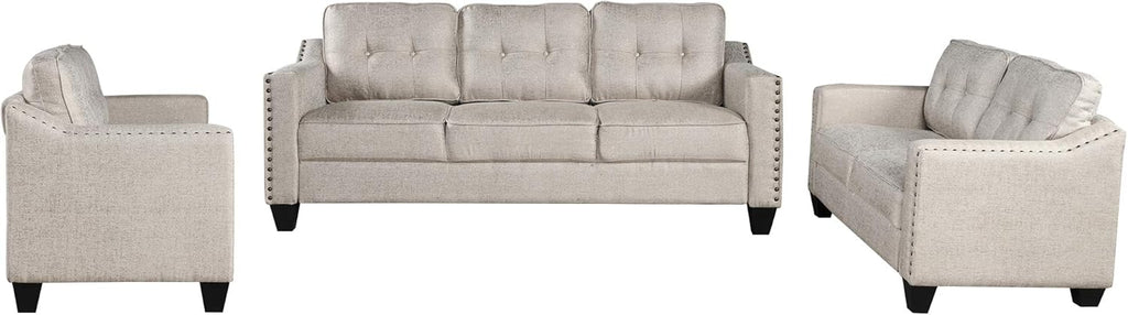 Beige Linen Fabric Sofa and Loveseat Set T377308