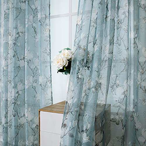 Floral Blue Short Sheer Curtains, 54 x 45 inches, Set of 2 Panels J36253