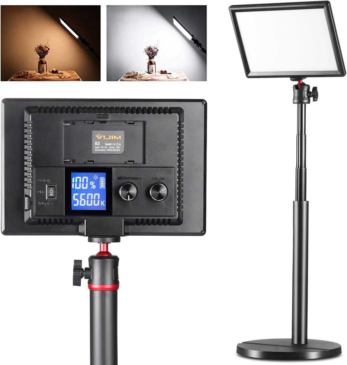 Dimmable Bi-Color LED Video Light with LCD Screen and 28 Extend Stand D634