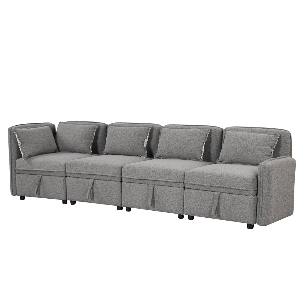 Gray Chenille Fabric 4 Seater Sectional Sofa with 5 Pillows E348