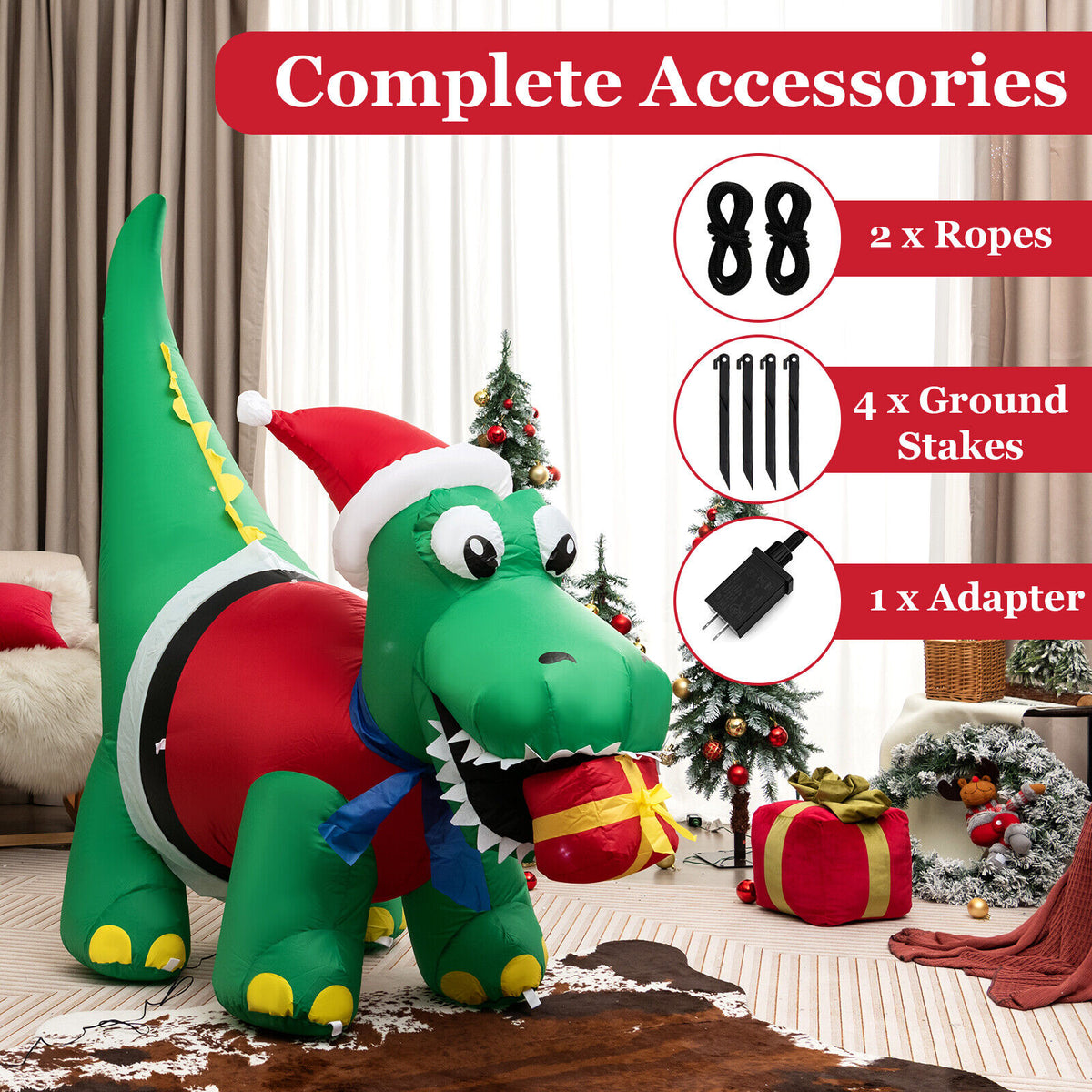 6 FT Christmas Inflatable Dinosaur with Gift Box LED Lights & Blower D2667