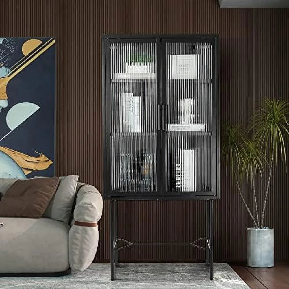 Tall Fluted Glass Door Cabinet with 2-Tier Adjustable Shelves Blue Z74910