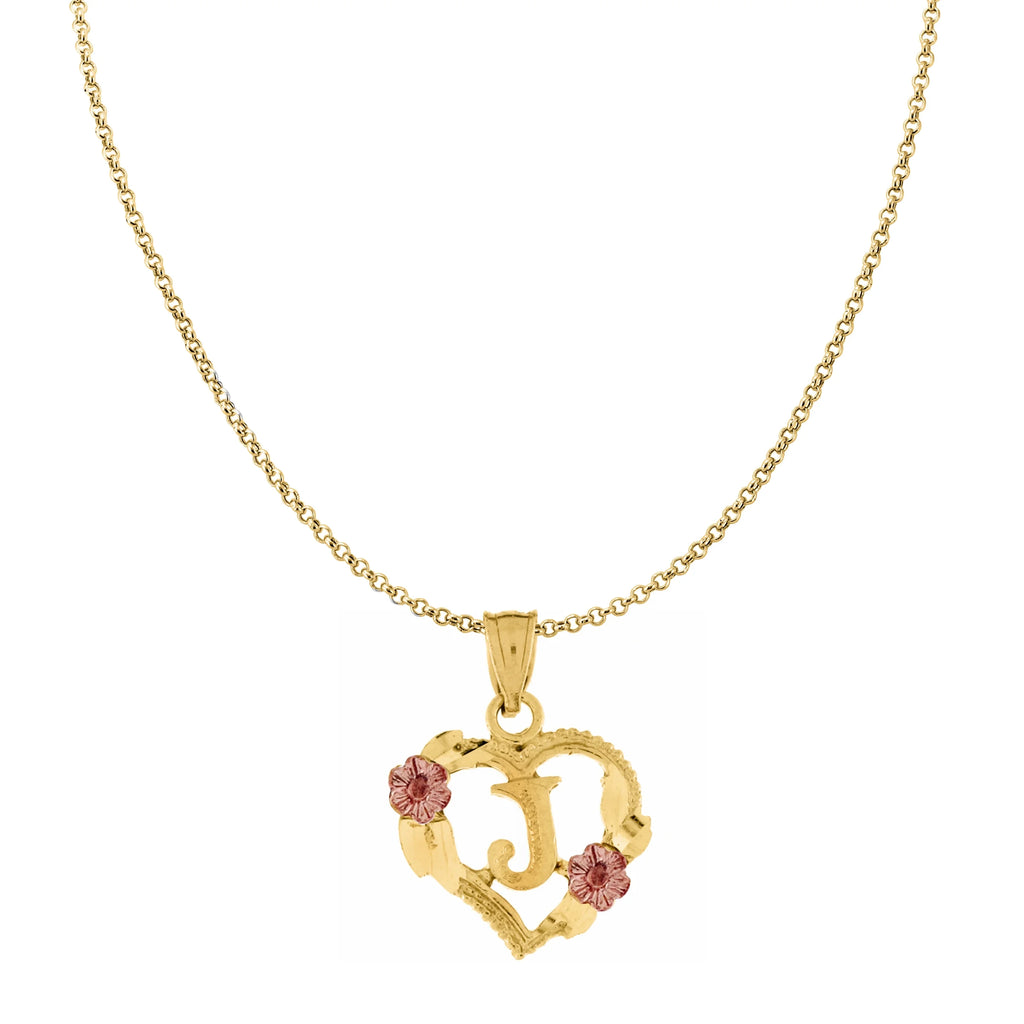 14K Two-Tone Gold Flower and Heart-Shaped Initial Pendant with 16" Chain Necklace S49419