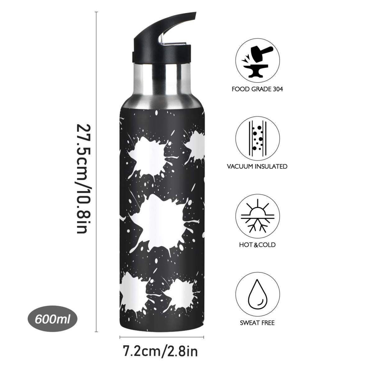 Black White 20 OZ Stainless Steel Vacuum Insulated Water Bottle with Straw Lid P93430