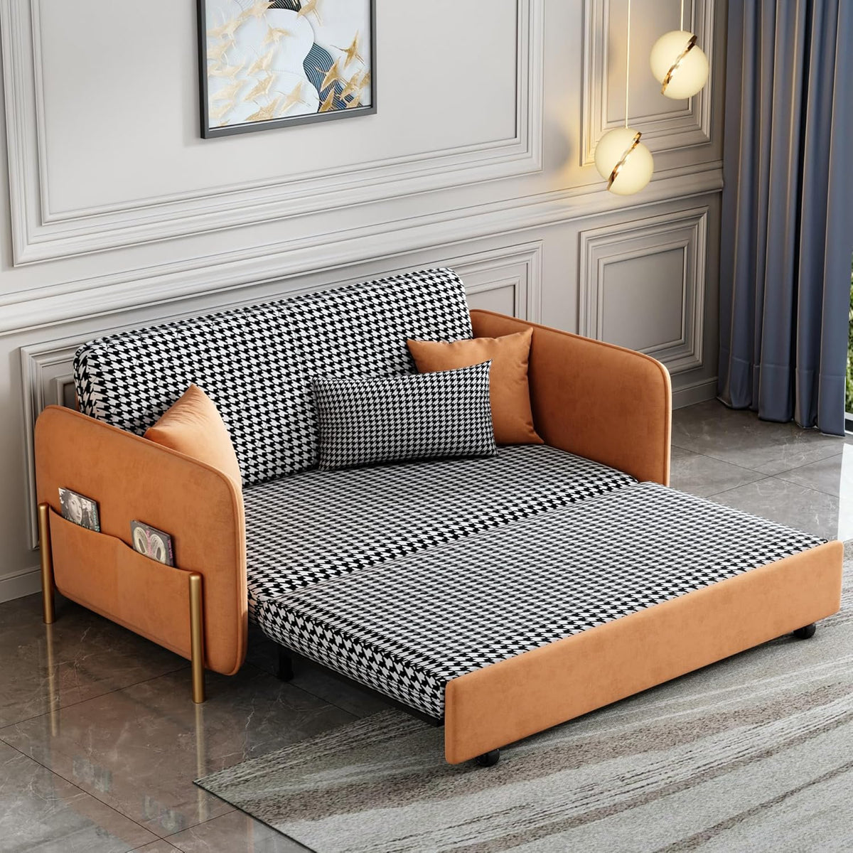 Orange Velvet Convertible Sleeper Sofa Bed H4347