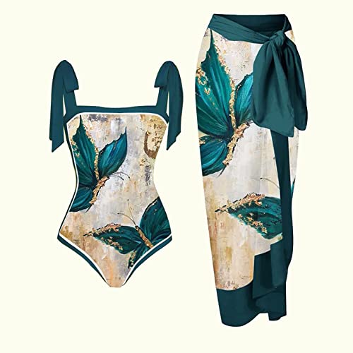 Floral Print Bikini Set One Piece Swimsuit with Beach Cover up Wrap Skirt Two Piece Bathing Suit U9268