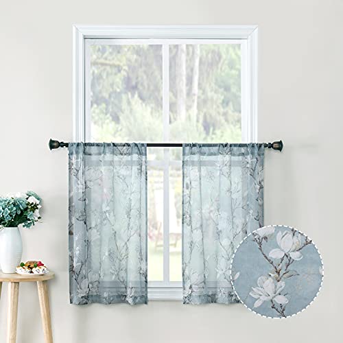 Floral Blue Short Sheer Curtains, 54 x 45 inches, Set of 2 Panels J36253