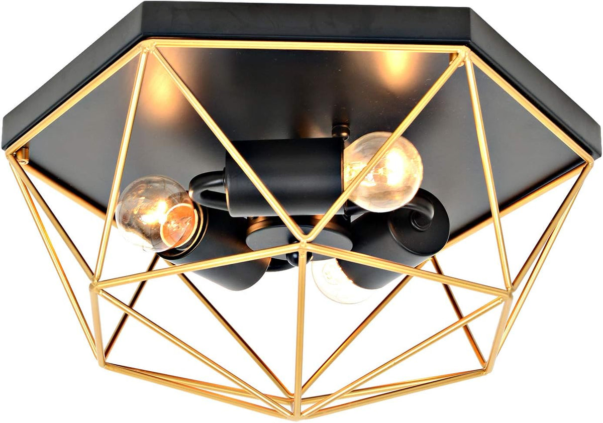 3-Light Industrial Ceiling Light Black Gold Metal Cage Fixture K140