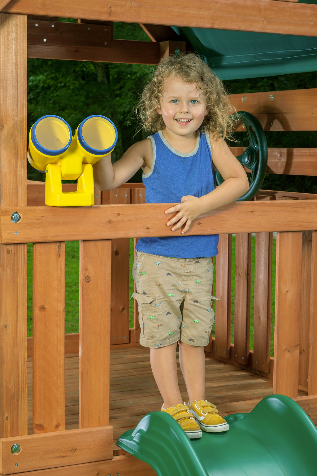 Wooden Swing Sets with Tarp Roof & Green Slide K74848