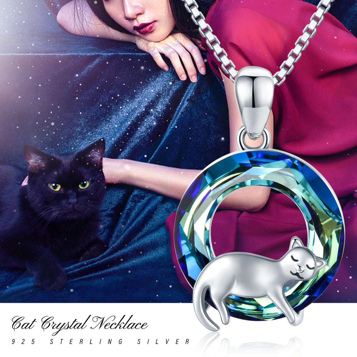 Cat Crystal Pendant Necklace 925 Sterling Silver F633135