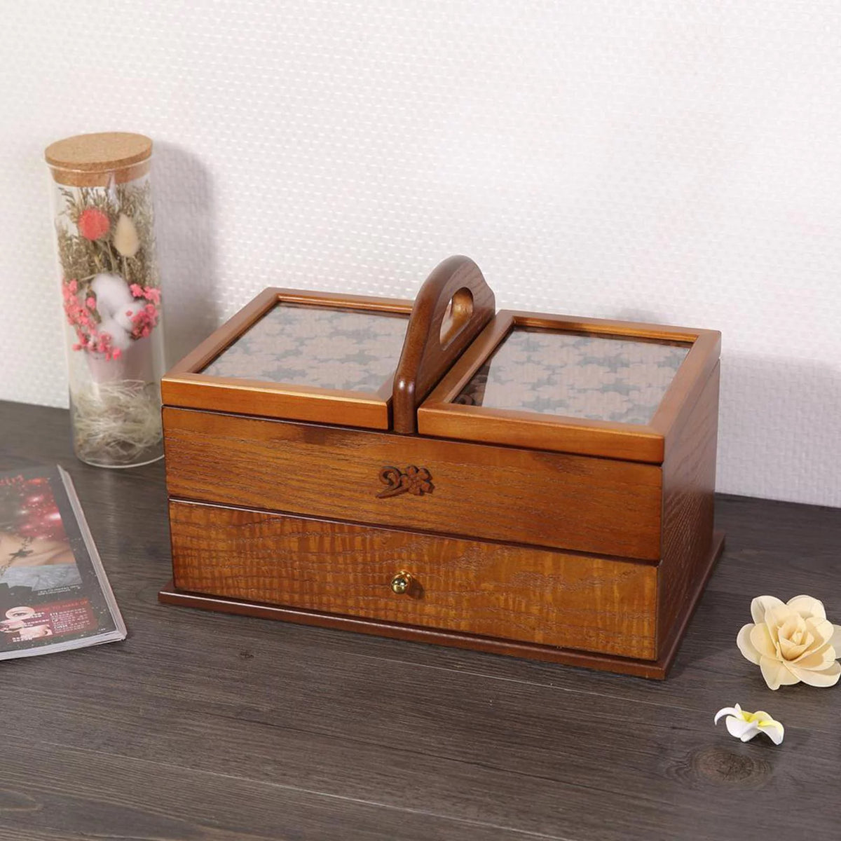2 Tier Wooden Sewing Basket Jewelry Storage Box Organizer V16145