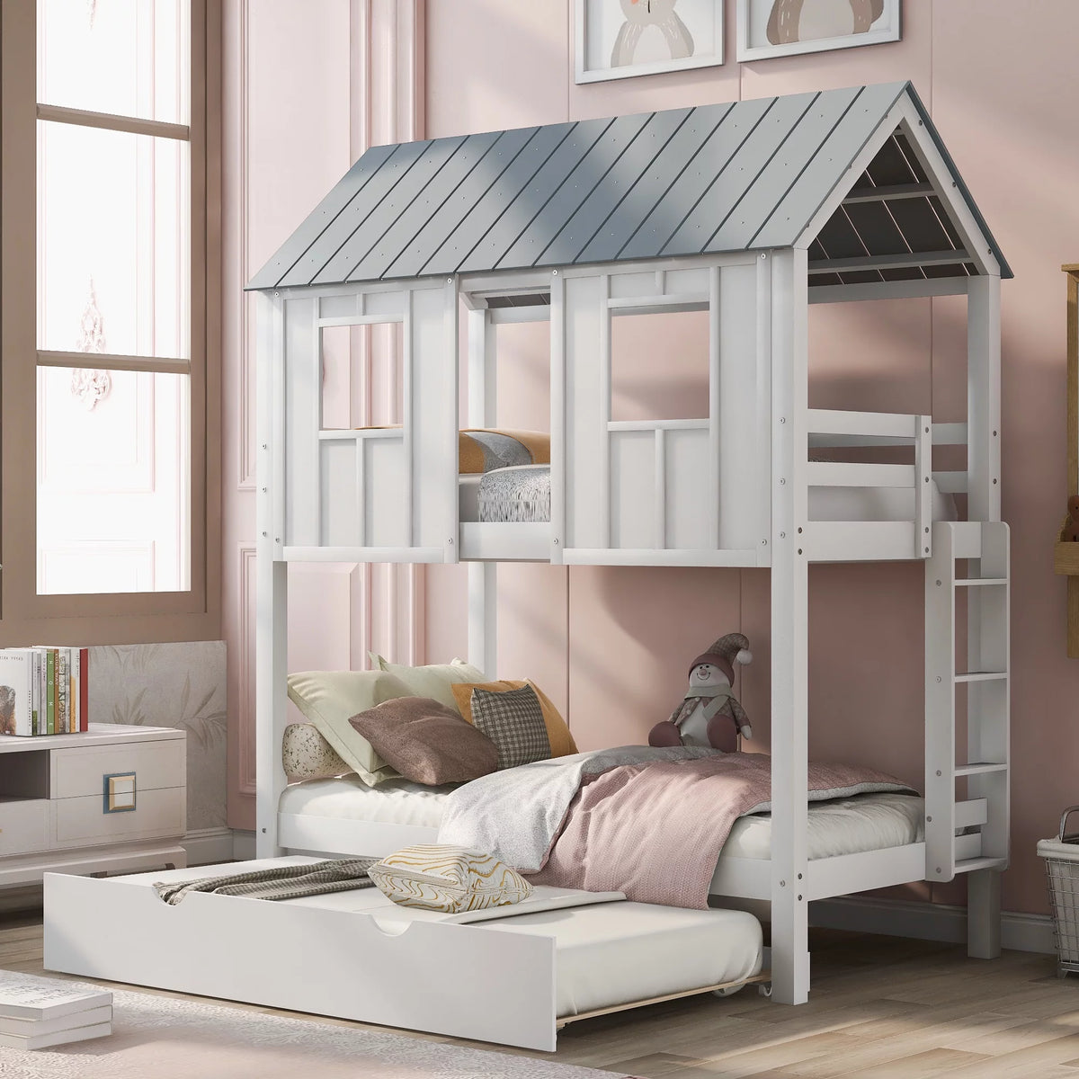 White Bunk Bed with Trundle P520965