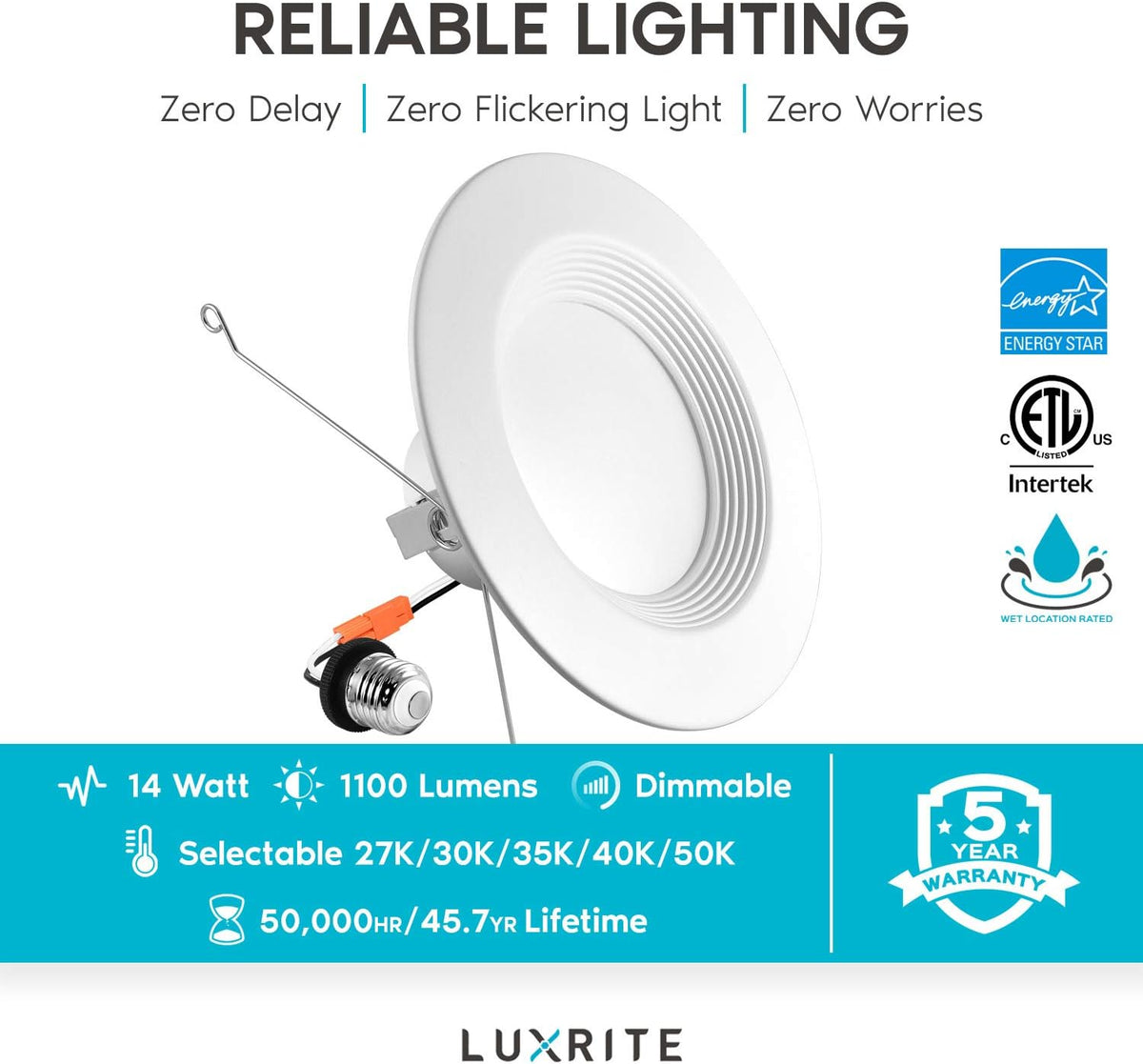5/6 Inch LED Recessed Retrofit Downlight, 14W, Color Selectable, Dimmable, 4 Pack K494026