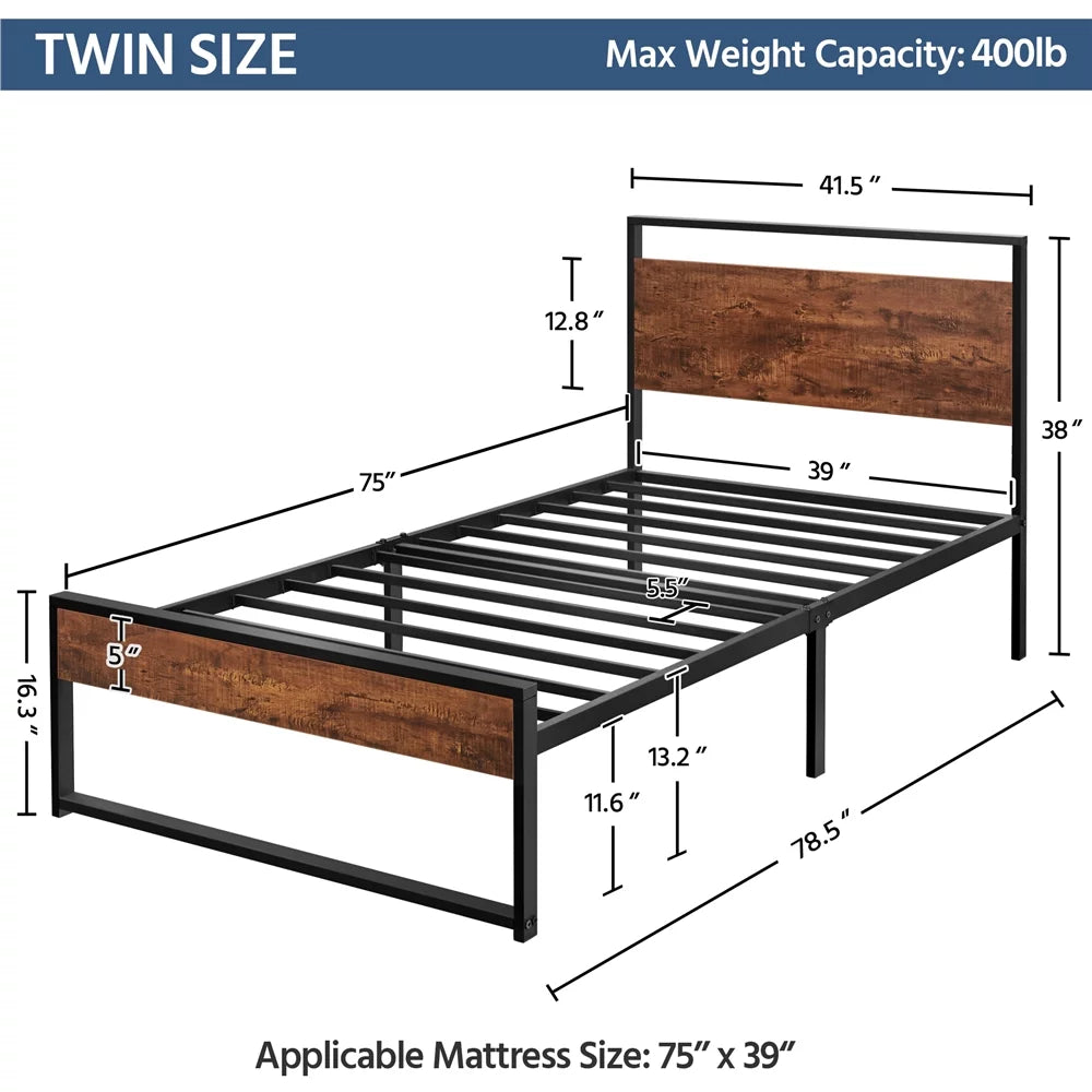 Twin Metal Bed Frame with Wood Headboard & Footboard R7920