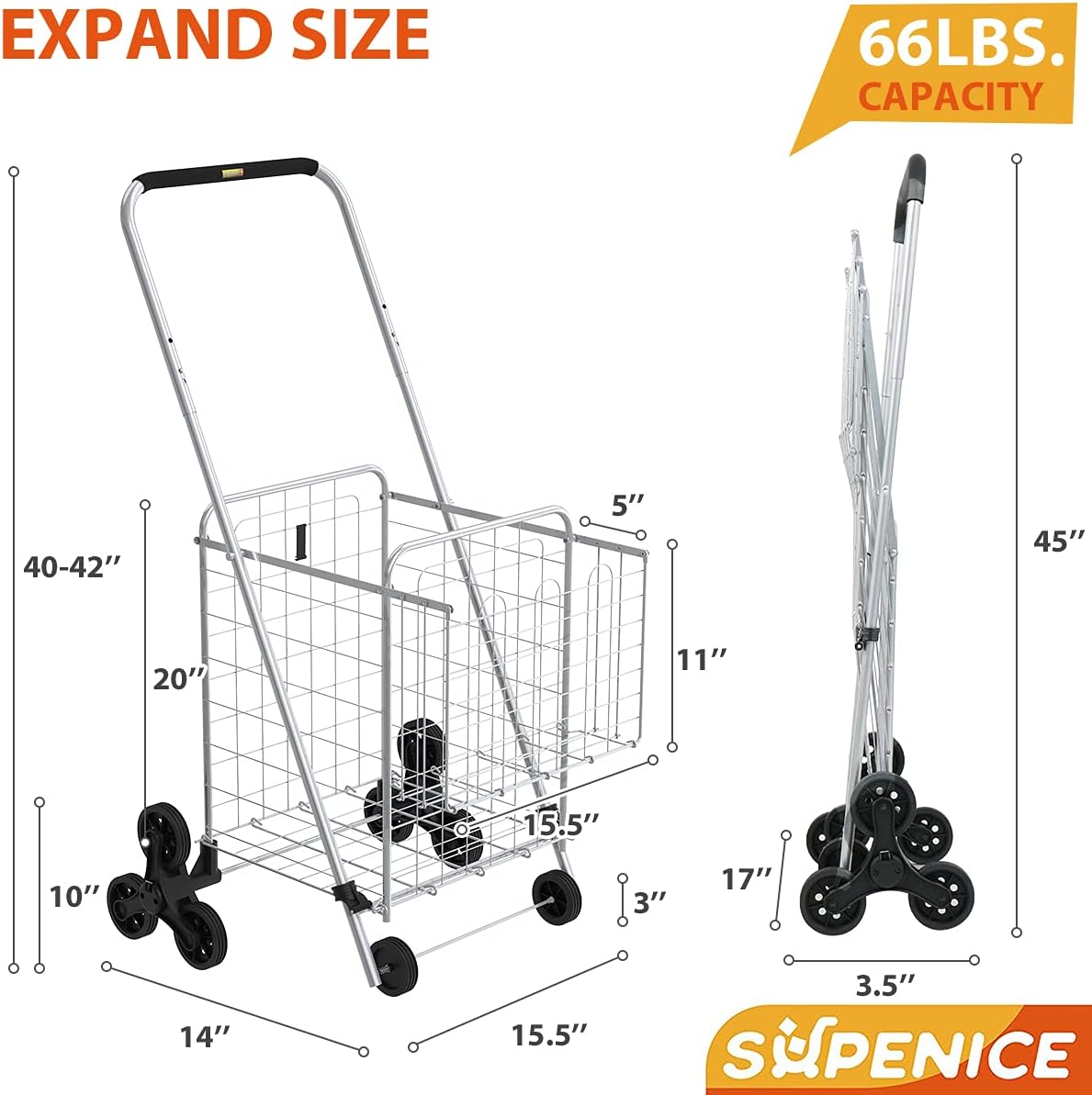 Grocery Shopping Cart with Wheels, 66 LBS Capacity, Collapsible C77499