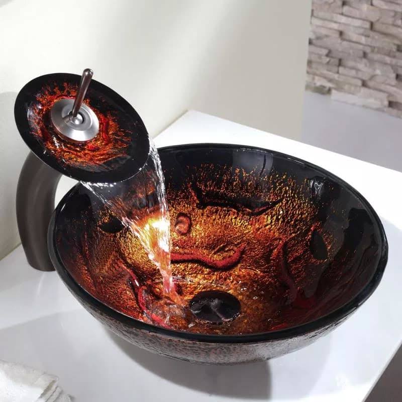 Lava Glass Vessel Sink and Waterfall Faucet Oil Rubbed Bronze Y74582