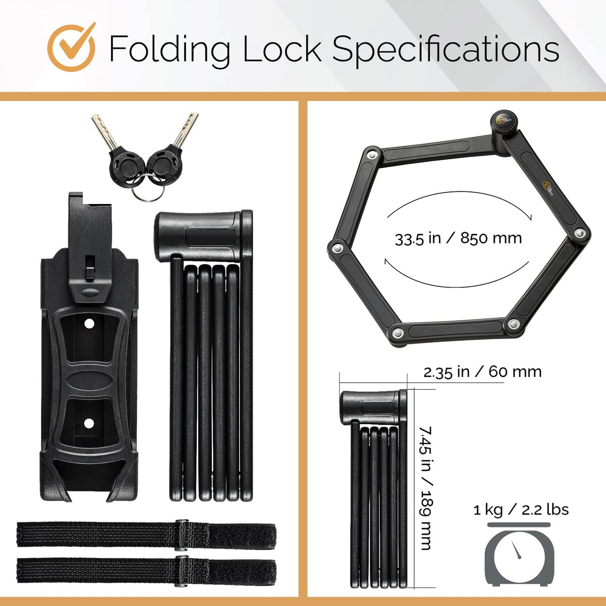 Heavy Duty Hardened Steel Folding Bike Lock with Mounting Case and Two Keys I62812