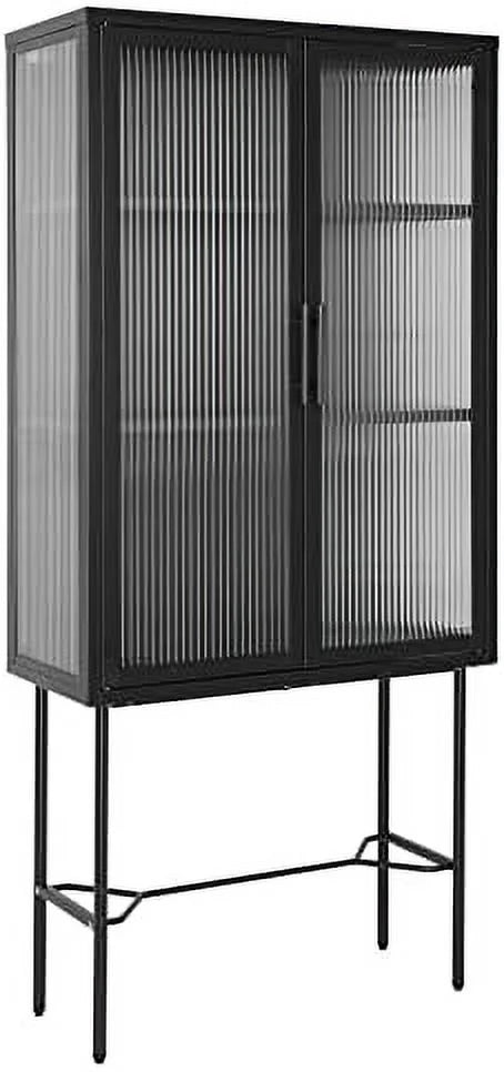 Tall Fluted Glass Door Cabinet with 2-Tier Adjustable Shelves Blue Z74910