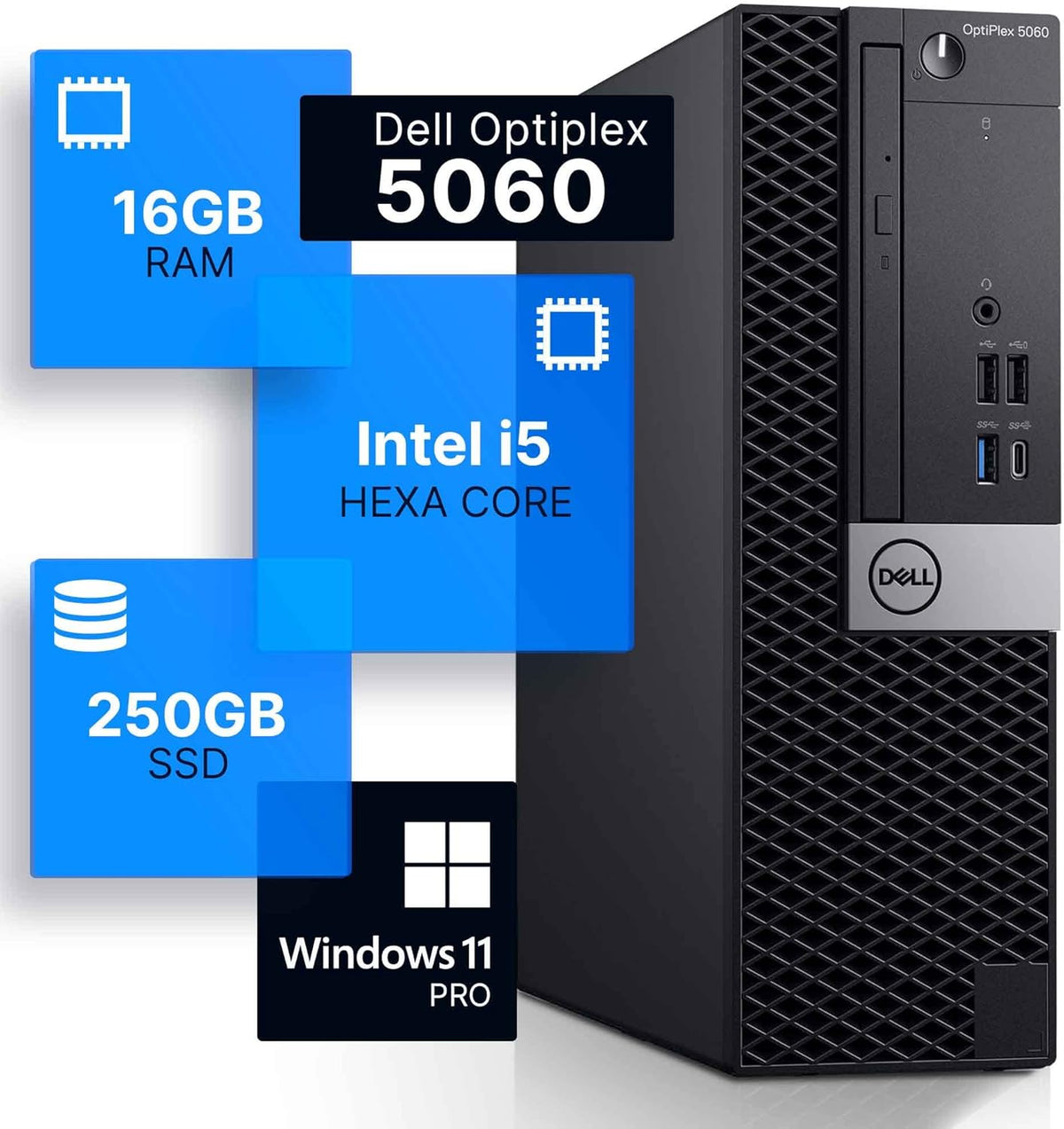 Dell Optiplex 5060 Desktop Computer Hexa Core Intel i5 16GB DDR4 RAM 250GB SSD Windows 11 Professional Black Y2109