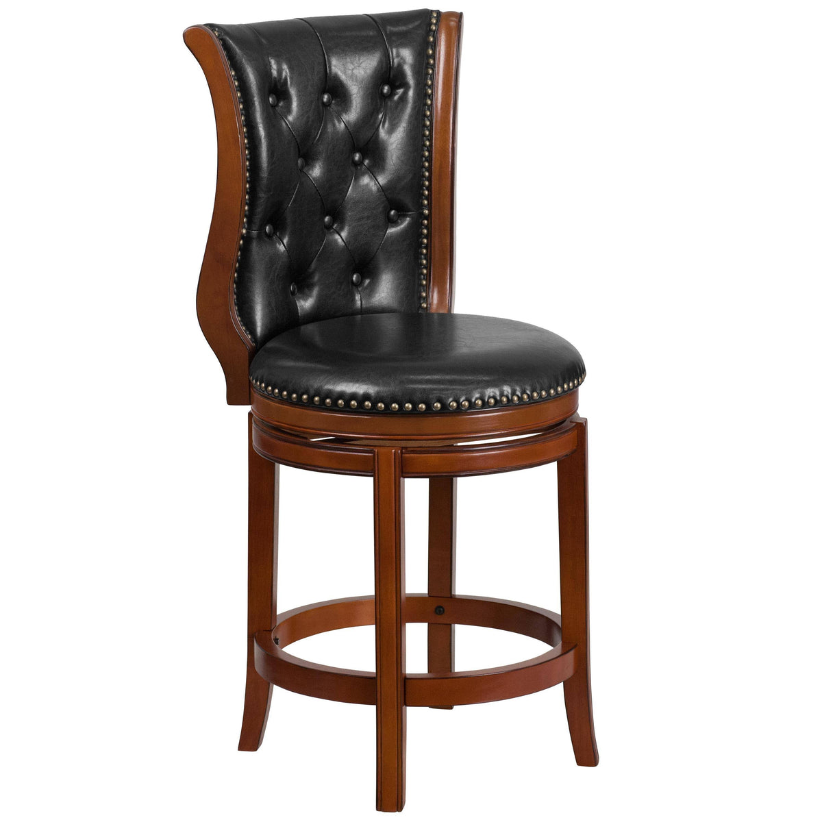 Brandy Wood Counter Height Stool with Black Leather Swivel Seat R9892