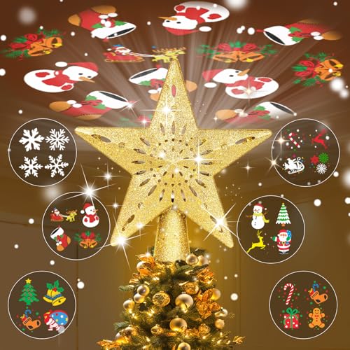 Silver 3D Glitter Lighted Christmas Tree Topper with Rotating LED Lights Y581037