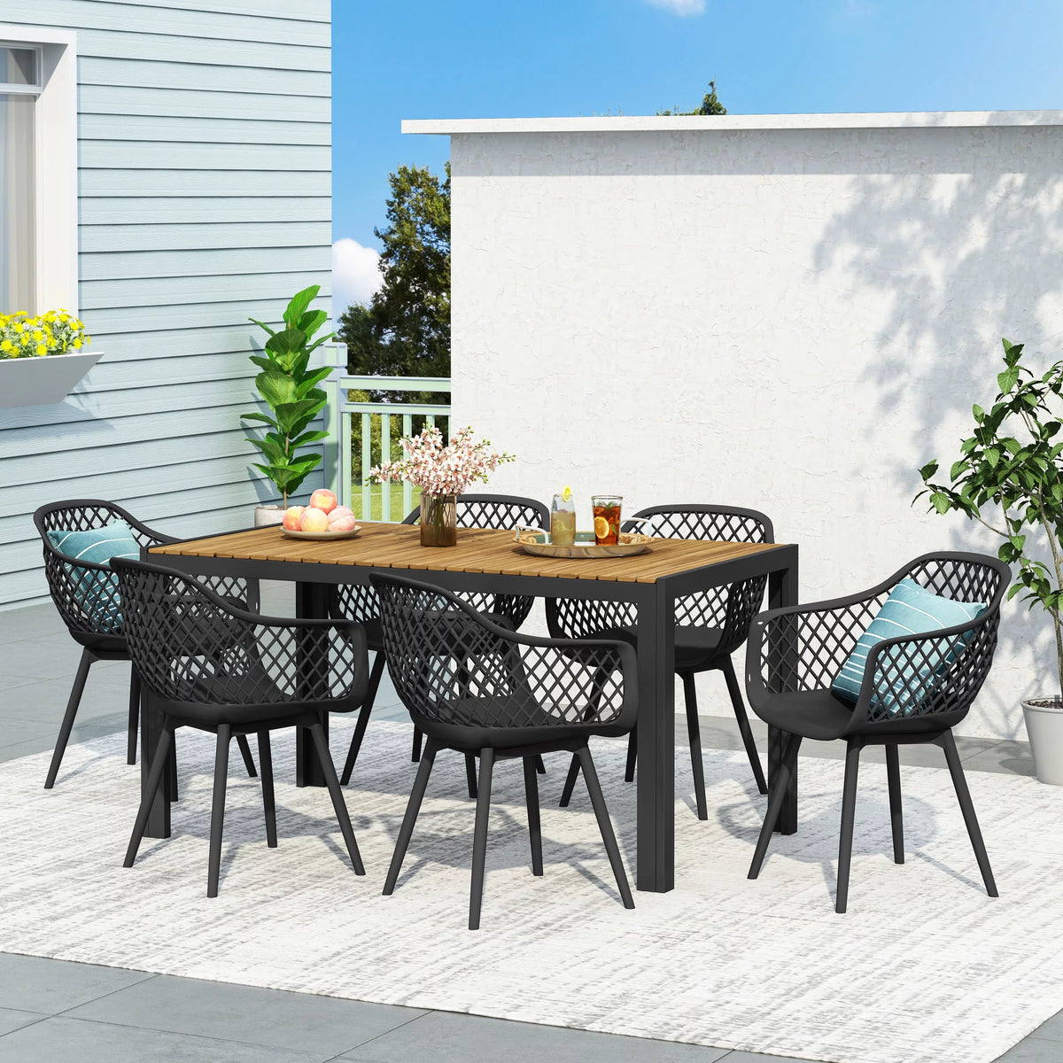 Wood and Resin 7 Piece Outdoor Dining Set E841