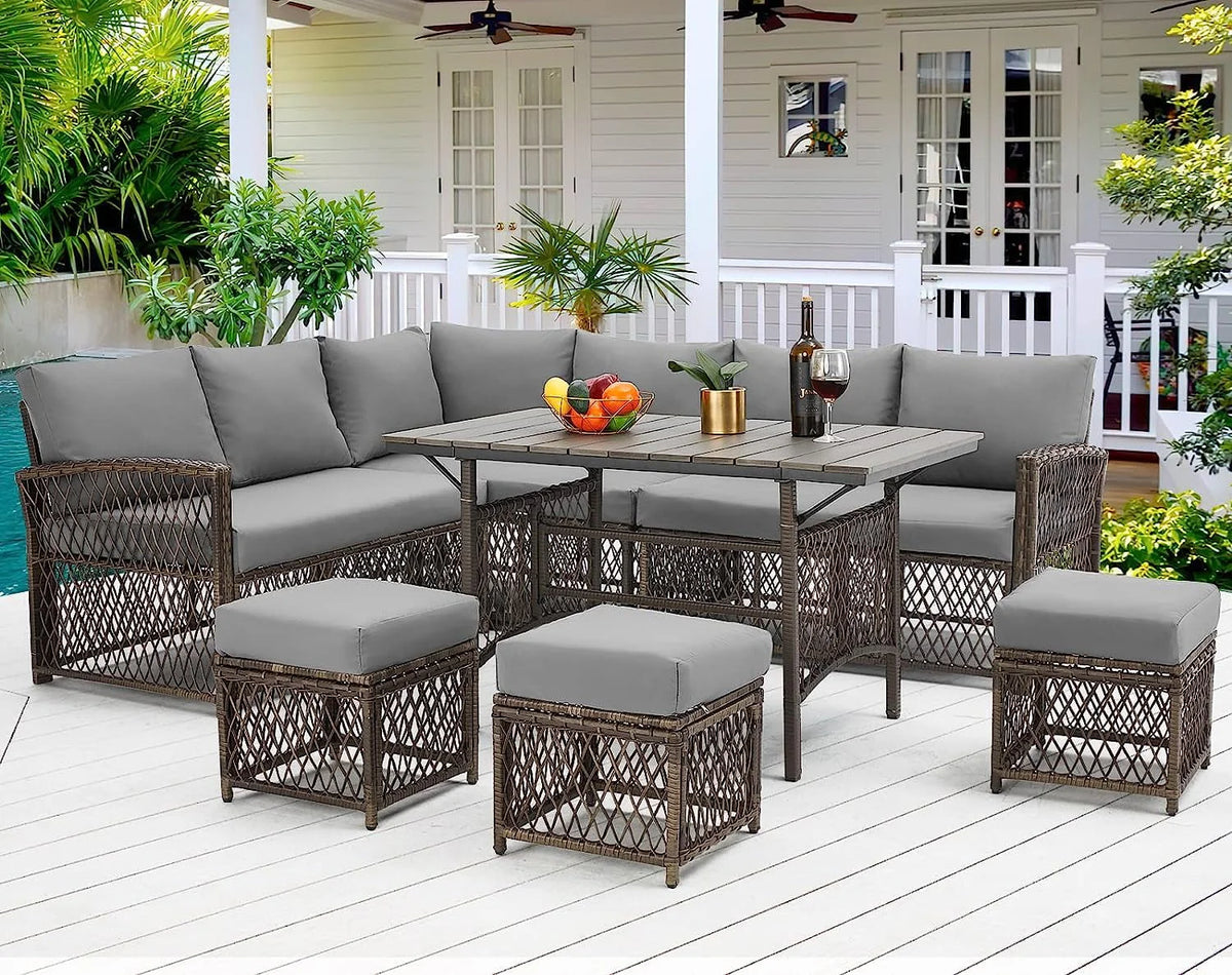7 Piece Rattan Wicker Sectional Sofa Set with Dining Table & Chair F87660