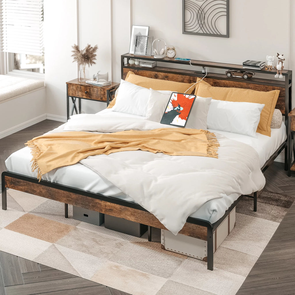 King Bed Frame with Storage Headboard and Charging Station P692555