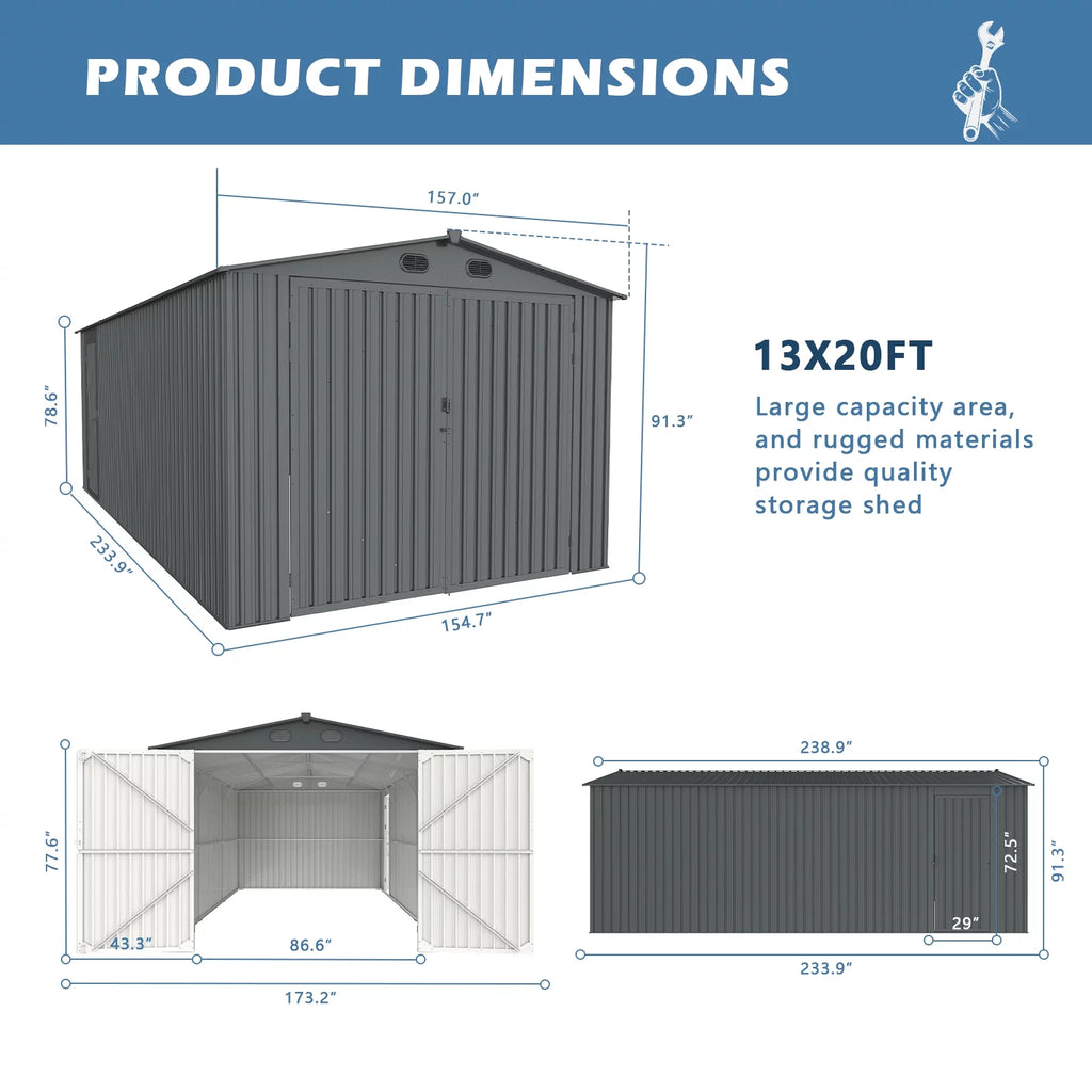 20x13 ft Metal Garage Shed with 2 Doors and 4 Vents X4878