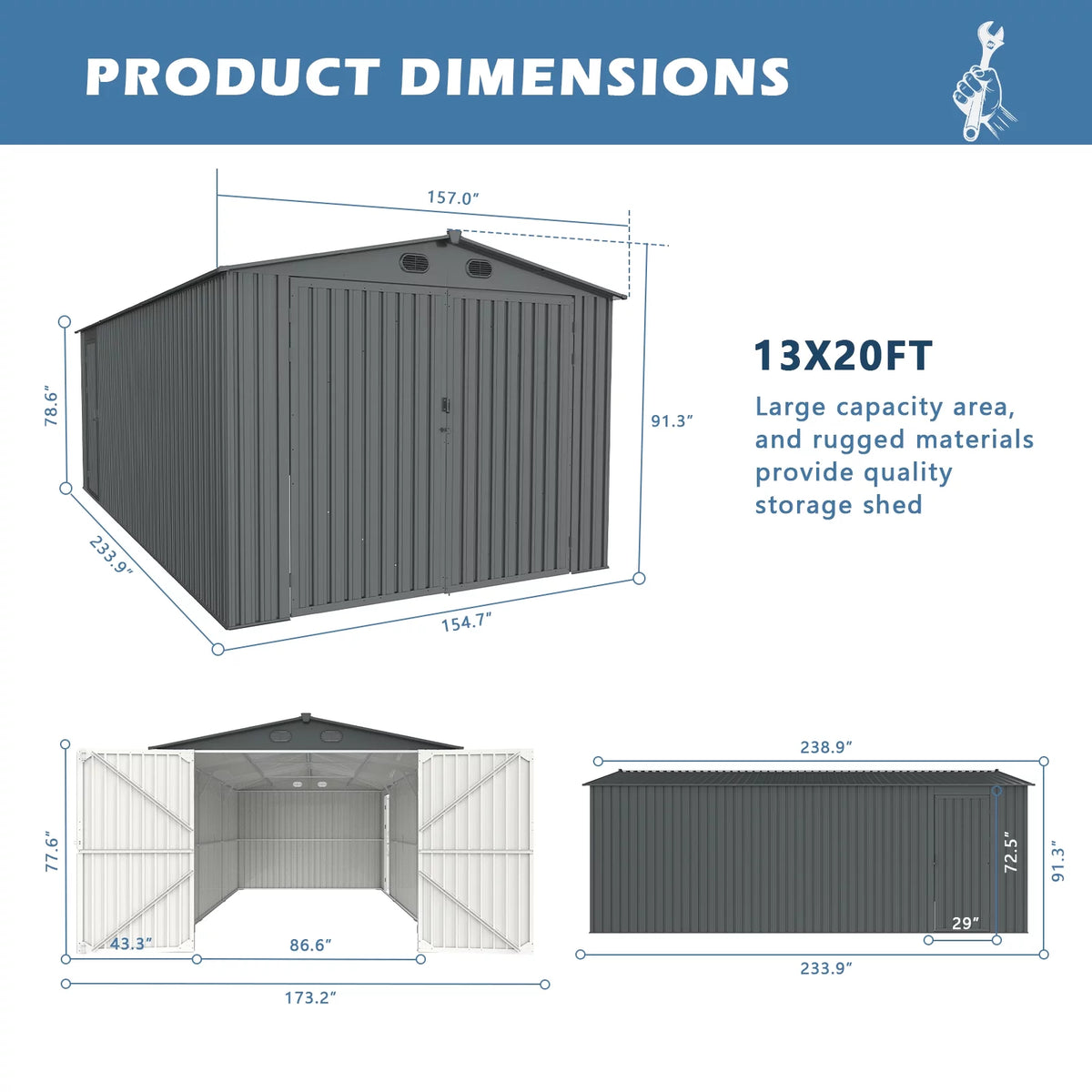 20x13 ft Metal Garage Shed with 2 Doors and 4 Vents X4878