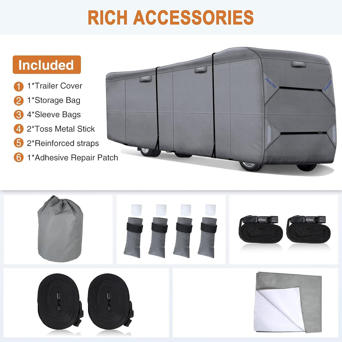 RV Cover Heavy Duty Anti-UV Rip-Stop Breathable with 2Pcs Straps & Gutter Covers I56472