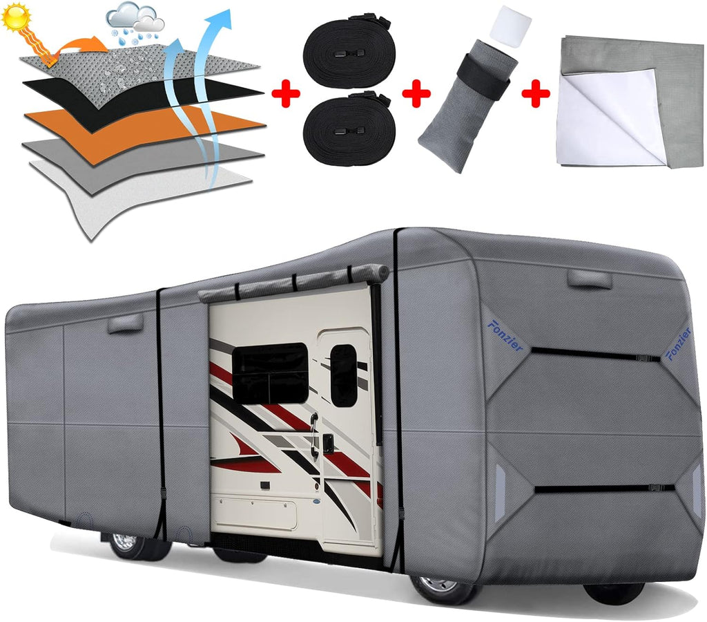 RV Cover Heavy Duty Anti-UV Rip-Stop Breathable with 2Pcs Straps & Gutter Covers I56472